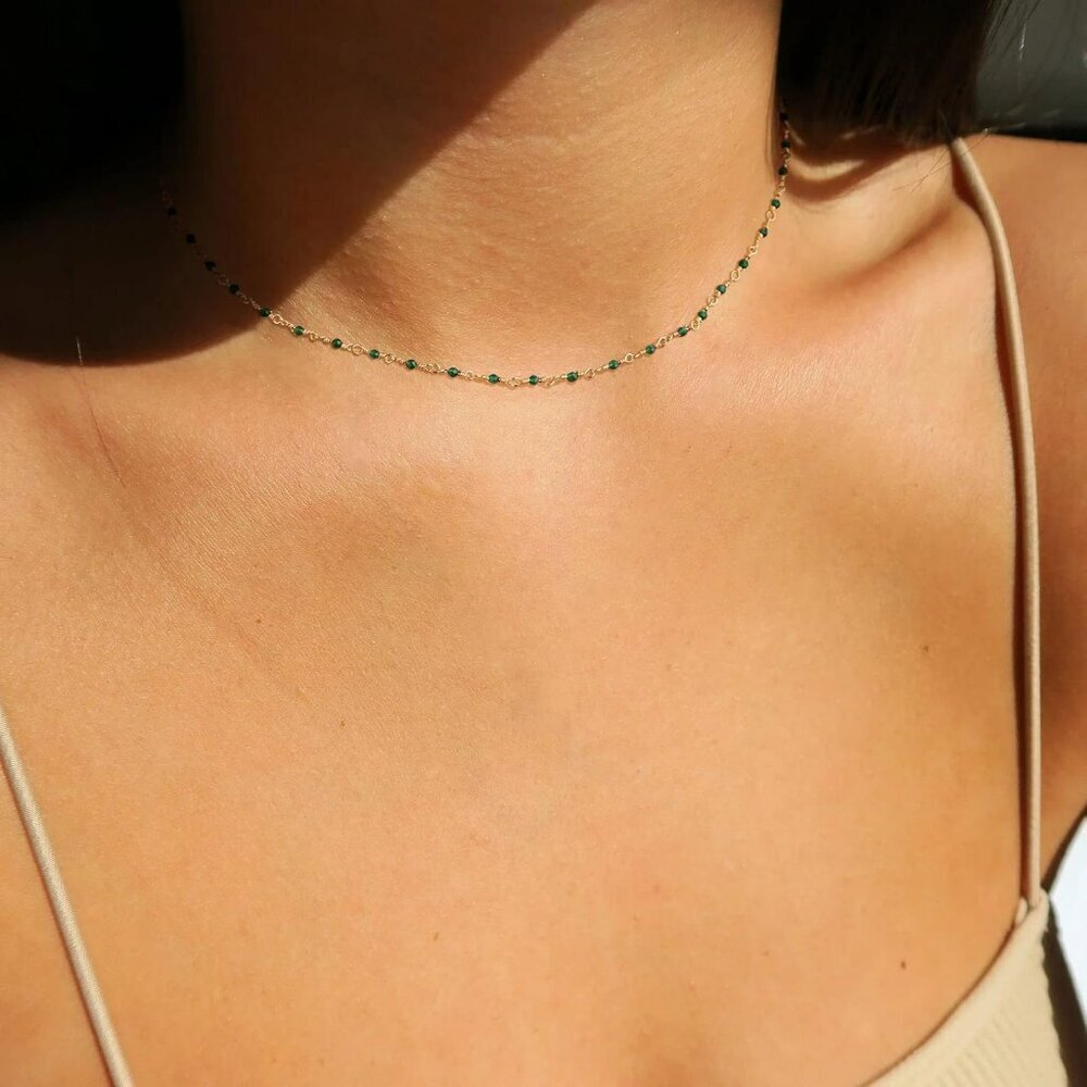 Beaded Necklaces for Women 14K Gold Plated Dainty Colorful Green/Rose Beaded Pea - Picture 4 of 7